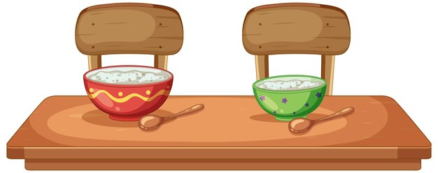 Gratis vector twee schalen rijst op een houten tafel