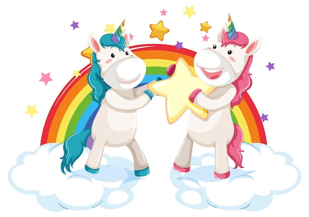 Gratis vector twee schattige eenhoorns staan op wolken met regenboog