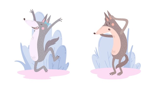 Twee schattige vrolijke vrouwelijke en boos mannelijke wolf tekens geïsoleerde cartoon vectorillustratie