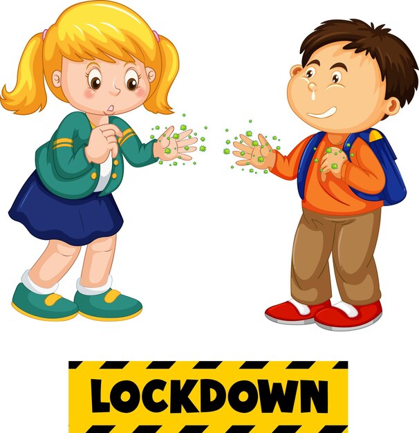 Gratis vector twee stripfiguren voor kinderen houden geen sociale afstand met lockdown-lettertype geïsoleerd op een witte achtergrond