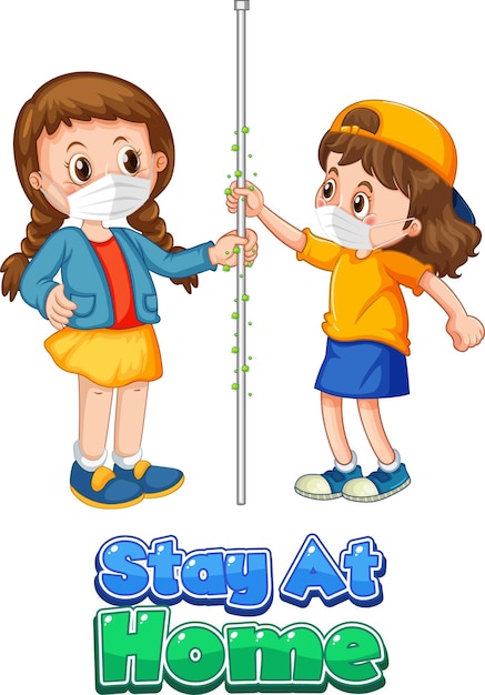 Gratis vector twee stripfiguren voor kinderen houden geen sociale afstand met stay at home-lettertype geïsoleerd op wit