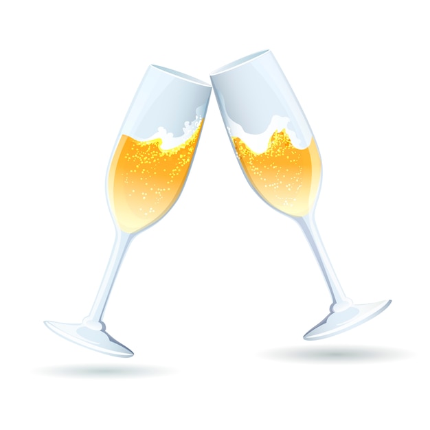 Gratis vector twee vector fluiten gouden sprankelende champagne naar elkaar toe gekanteld in een toost en gefeliciteerd om een huwelijksverjaardag te vieren