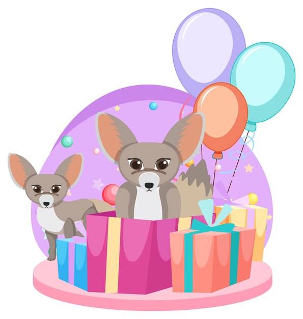 Gratis vector twee venkelvossen met geschenkdozen en ballonnen