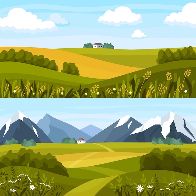 Gratis vector twee verticale landelijke landschapssamenstelling plaatste twee huisjes tegen een achtergrond van bergen en lucht vectorillustratie