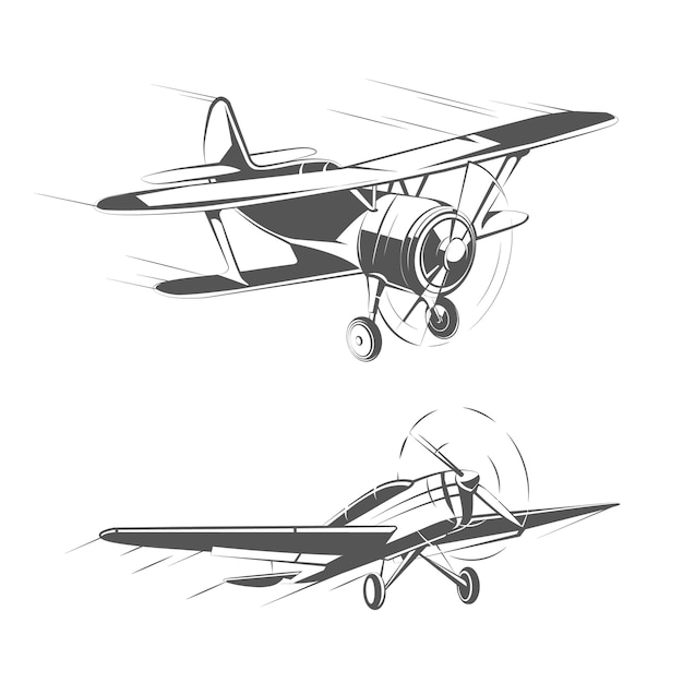 Tweedekker en eendekker vliegtuigen voor vintage emblemen, badges en logo's vector set. Luchtvaart vliegtuig transport illustratie
