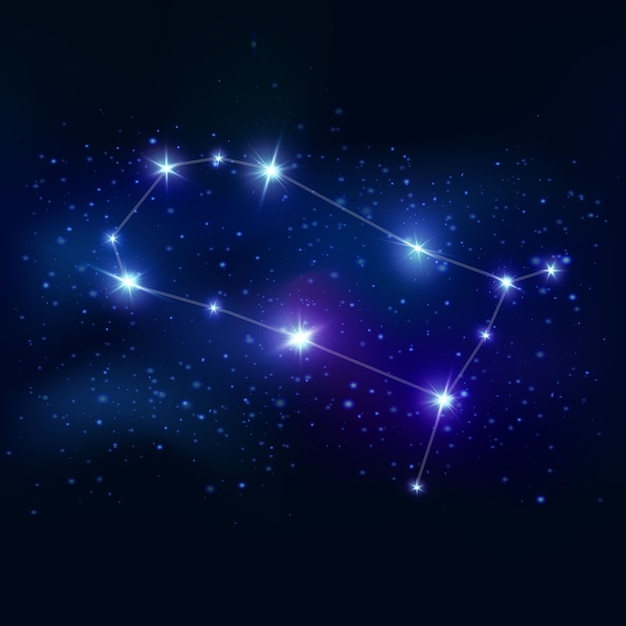 Gratis vector tweelingen realistisch zodiakaal symbool met blauwe gloedsterren en verbindingslijnen op kosmisch