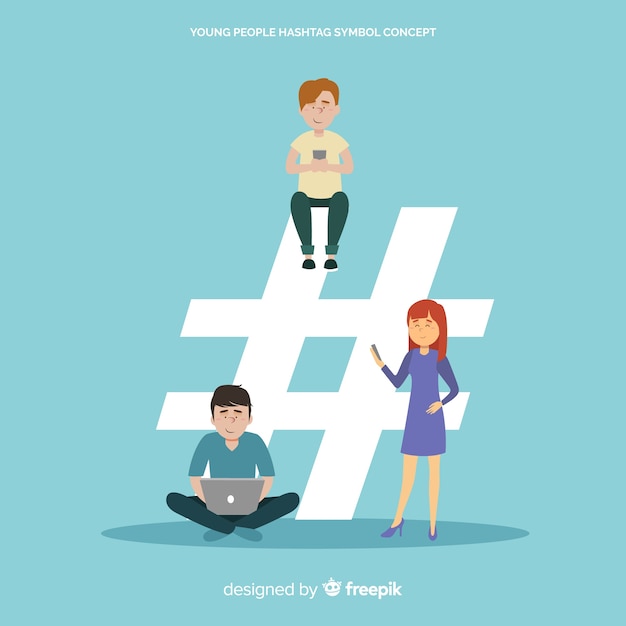 Gratis vector twitter-hashtag. tieners op sociale media. personage ontwerp.