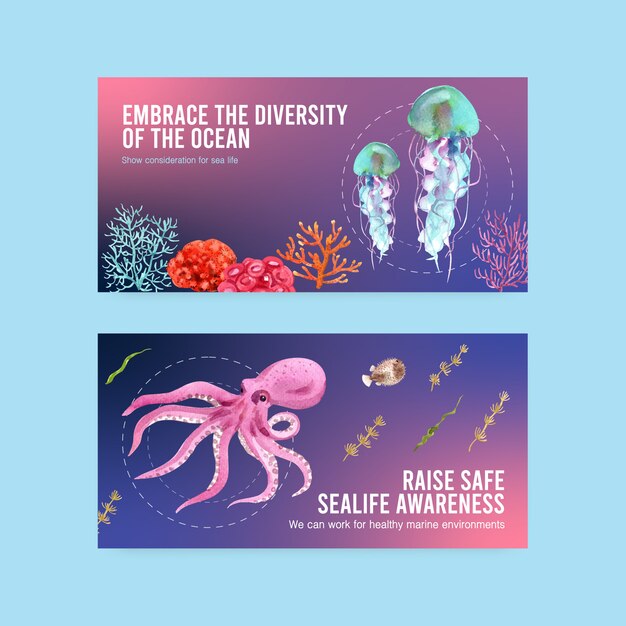 Twitter-sjabloonontwerp voor world oceans day-concept met zeedieren, octopus, kwallen en koraal aquarel vector