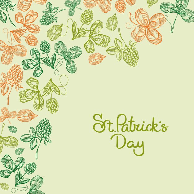 Typografieontwerp doodle kaart met inscriptie over st. patricks day en oranje en groene afbeeldingen van klaver, hop, bloesem vectorillustratie