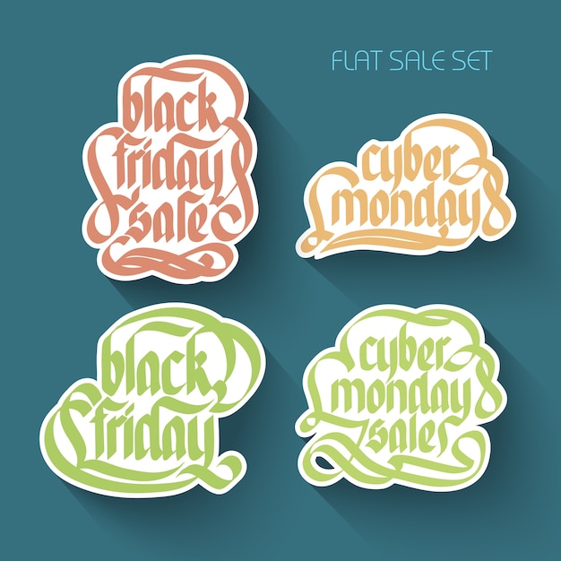 Gratis vector typografische promotionele inscripties collectie met kalligrafische handgeschreven kleurrijke papieren stickers in vlakke stijl geïsoleerd