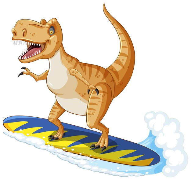 Tyrannosaurus rex dinosaurus op surfplank in cartoonstijl