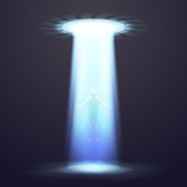 UFO dramatische achtergrond met verlichting en man. UFO ontvoert man, illustratie ruimteschip ufo met straal