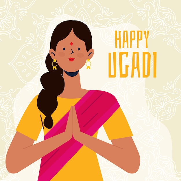 Gratis vector ugadi-festival met hand getrokken stijl met vrouw