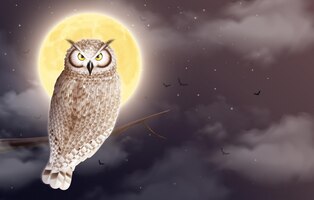 Uil realistische nachtsamenstelling met nachtelijk landschap en vogelzitting op tak voor maan vectorillustratie