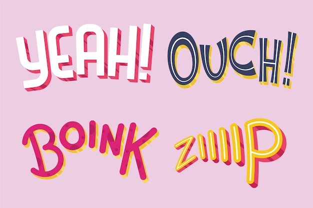 Uitdrukkingen en onomatopeeën belettering collectie in retro stijl