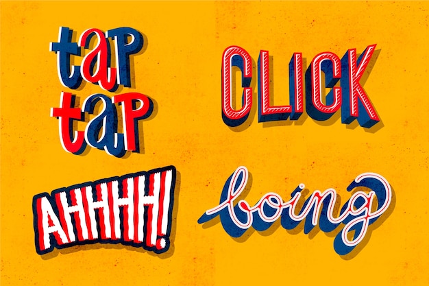 Uitdrukkingen en onomatopeeën belettering collectie in retro stijl