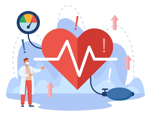 Uiterst kleine arts en hart van patiënt met hoge bloeddruk. Medische controle in ziekenhuis of kliniek, risico op cholesterol of hart- en vaatziekten platte vectorillustratie. Cardiologie, gezondheidsconcept