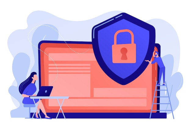 Uiterst kleine mensenzakenman die met schild gegevens op laptop beschermen. Gegevensprivacy, informatieprivacyregelgeving, concept voor de bescherming van persoonlijke gegevens