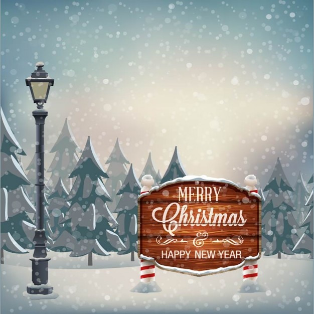 Gratis vector uithangbord met kerstwens lantaarnpaal winterlandschap met sneeuwvlokken vector illustratie
