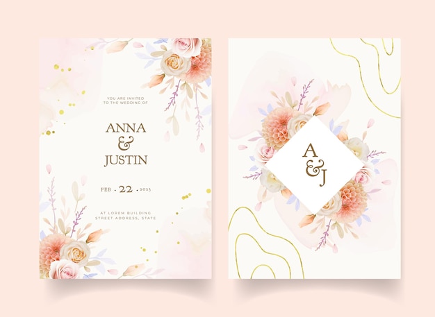 Uitnodiging voor bruiloft met aquarel roos en dahlia bloem