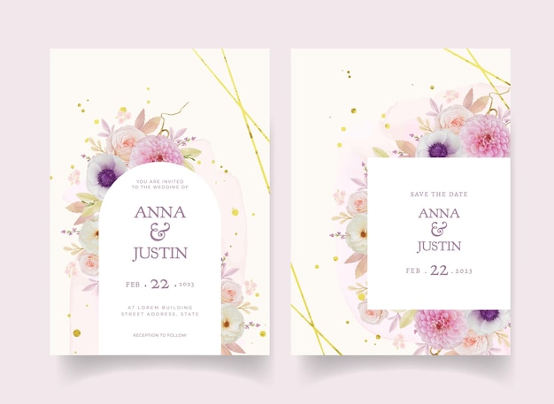Uitnodiging voor bruiloft met aquarel roze dahlia en anemoon bloem