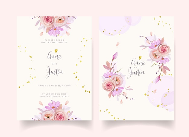 Uitnodiging voor bruiloft met aquarel roze dahlia en ranunculus bloem