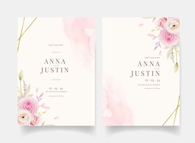 Gratis vector uitnodiging voor bruiloft met aquarel roze rozen boterbloem en dahlia