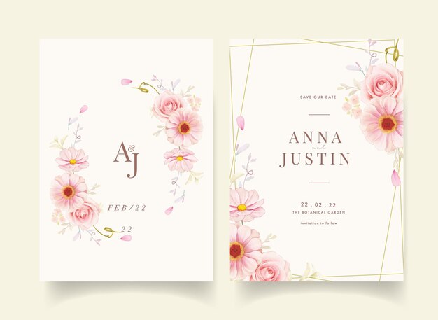 Uitnodiging voor bruiloft met aquarel roze rozen en Boterbloem bloem