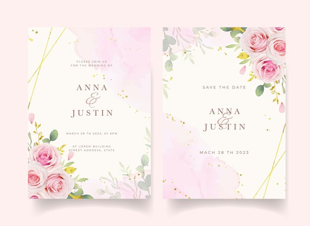 Uitnodiging voor bruiloft met aquarel roze rozen en gouden sieraad