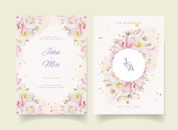 Uitnodiging voor bruiloft met aquarel rozen lelie en dahlia bloem