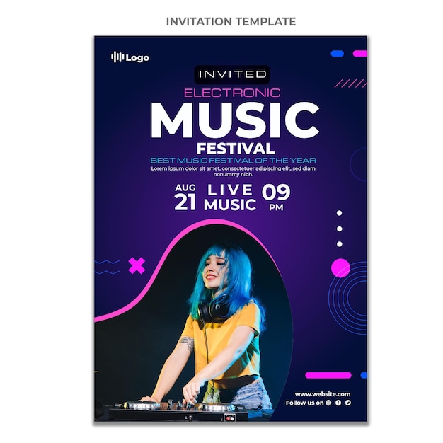 Gratis vector uitnodiging voor halftoonmuziekfestival met kleurovergang