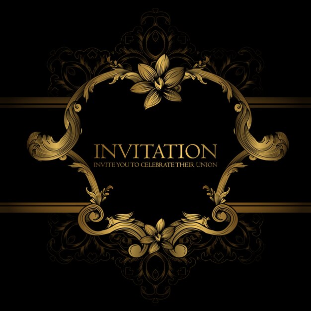 Uitnodigingsjabloon met gouden ontwerp op zwarte achtergrond