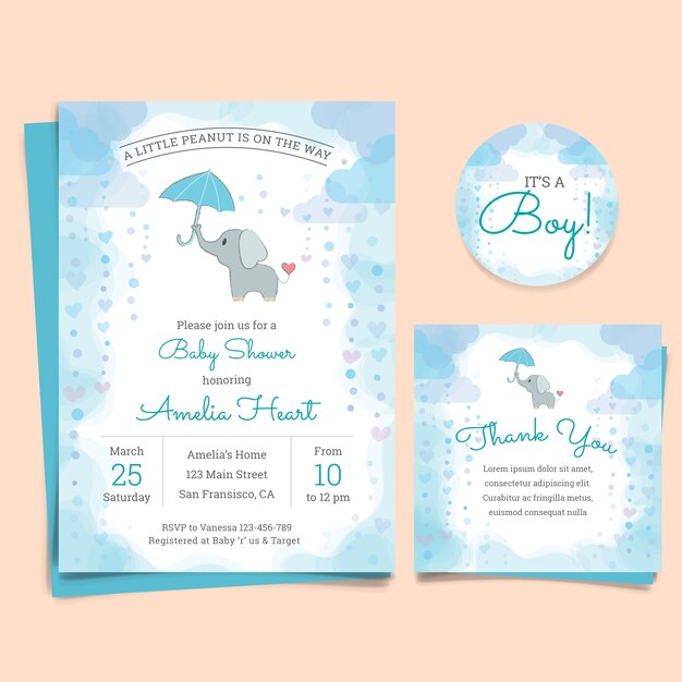 Uitnodigingskaart voor baby shower met olifant