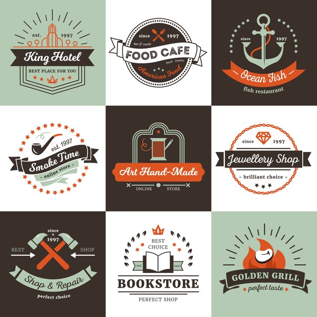Uitstekende emblemen van winkelshotel en het concept van het koffieontwerp met lintenstralen