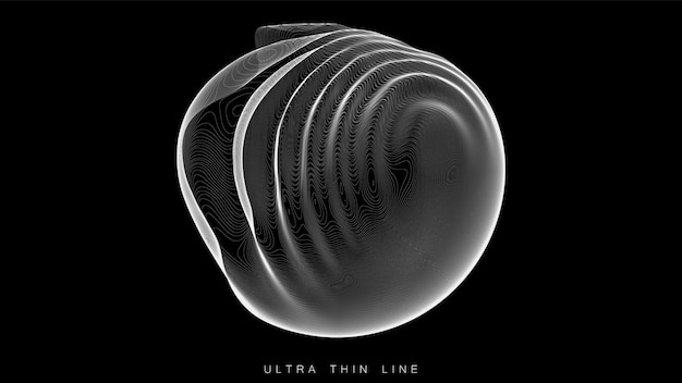 Ultra dunne lijn vloeistofgeometrie. dynamische vervormde bollen. digitale fractal 3d werveling. futuristische geluids- of gegevensgolfvorm