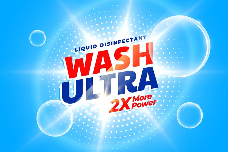 Gratis Vector ultra-schone wasmiddelpoederetiket met bubbels en lichteffect