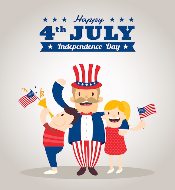 Gratis vector uncle sam cartoon met kinderen gelukkig 4 ​​juli independence day celebration illustratie