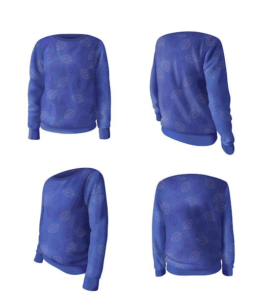 Gratis vector unisex sweatshirt realistische mockup set in blauwe kleur geïsoleerde vectorillustratie