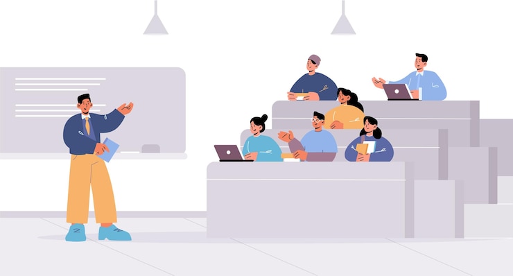 Gratis Vector universitaire collegezaal met leraar en studenten die aan bureaus zitten concept van onderwijsconferentie openbaar seminar platte vectorillustratie van spreker en publiek in de klas van de universiteit