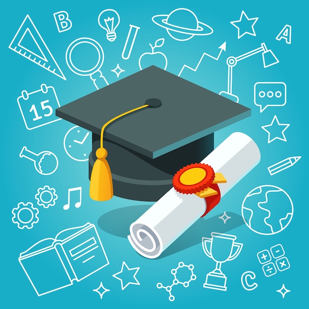 Gratis vector universiteitsstudent cap mortar board en diploma