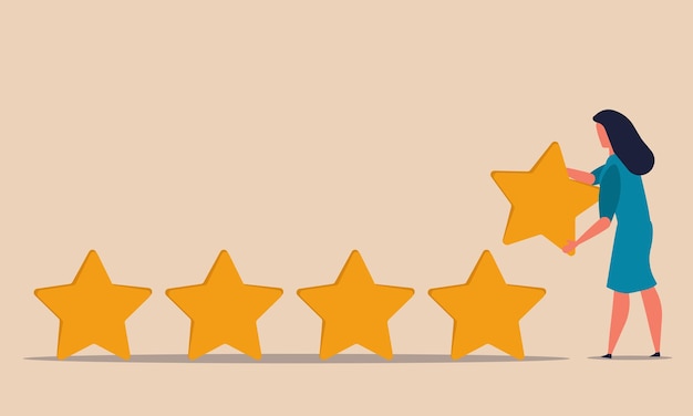 Upgrade rating en 5 sterren feedback vrouw draagt een gouden ster om de klant te waarderen Premium Vector
