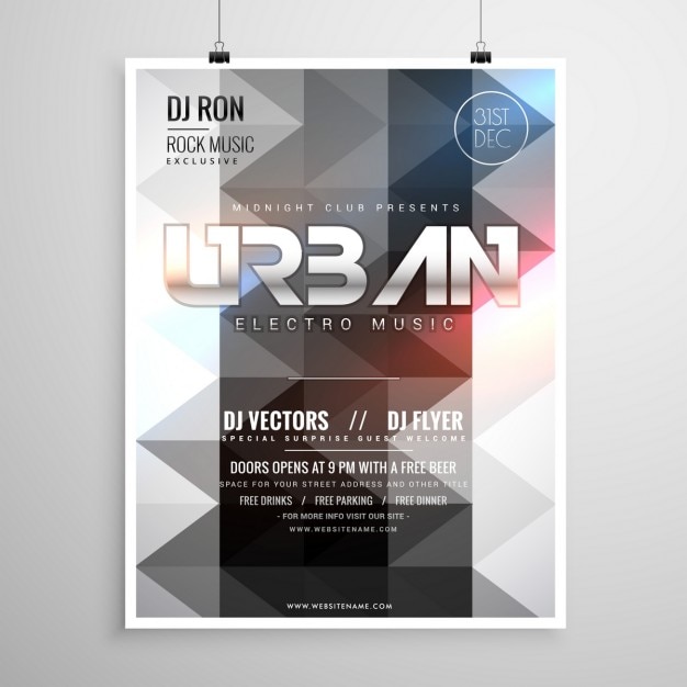 Gratis vector urban muziek partij flyer sjabloon met abstracte geometrische vormen en gloeiende lichten