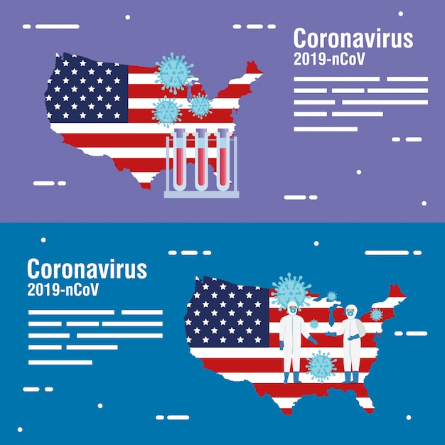 Usa kaart en vlag met covid19 deeltjes- en buistest