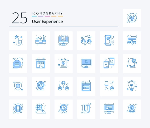 Gratis vector user experience 25 blue color icon pack inclusief het analyseren van het testontwerp van de gebruikerscomputer