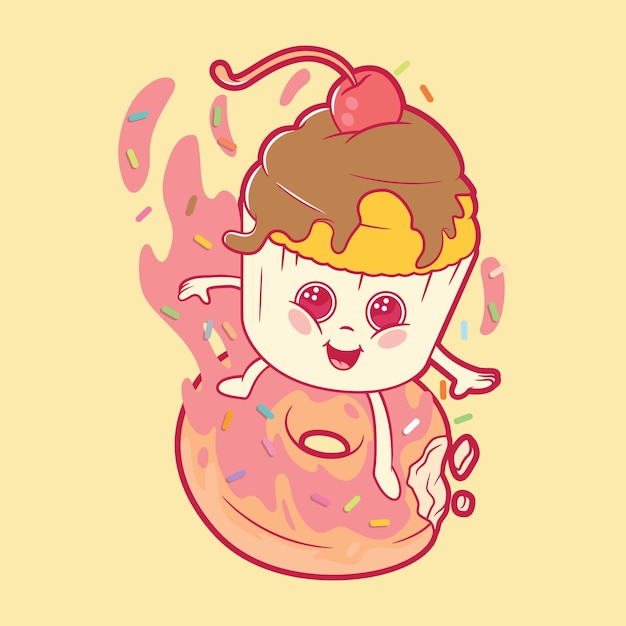 Ute muffin surfen op een donut vectorillustratie voedsel grappig schattig ontwerpconcept