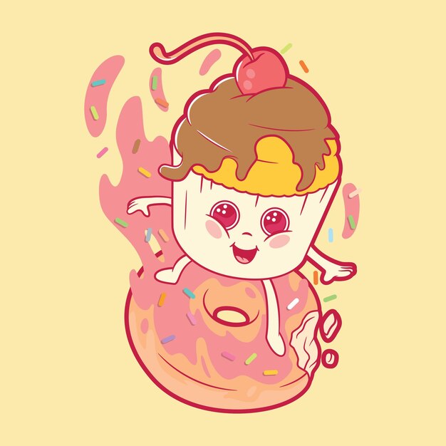 ute Muffin surfen op een donut vectorillustratie Voedsel grappig schattig ontwerpconcept