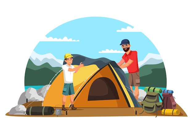 Vader en zoon kamperen in de bergen en zetten tent op