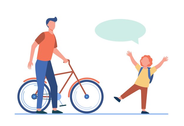 Vader geeft fiets aan vrolijke zoon. Roodharige jongen, tekstballon, fiets platte vectorillustratie. Activiteit, jeugd, familieconcept