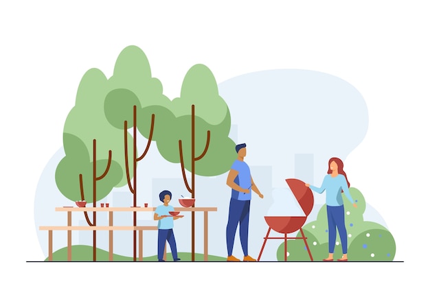 Vader koken barbecue op picknick. Park, natuur, voedsel platte vectorillustratie. Familie- en weekendconcept