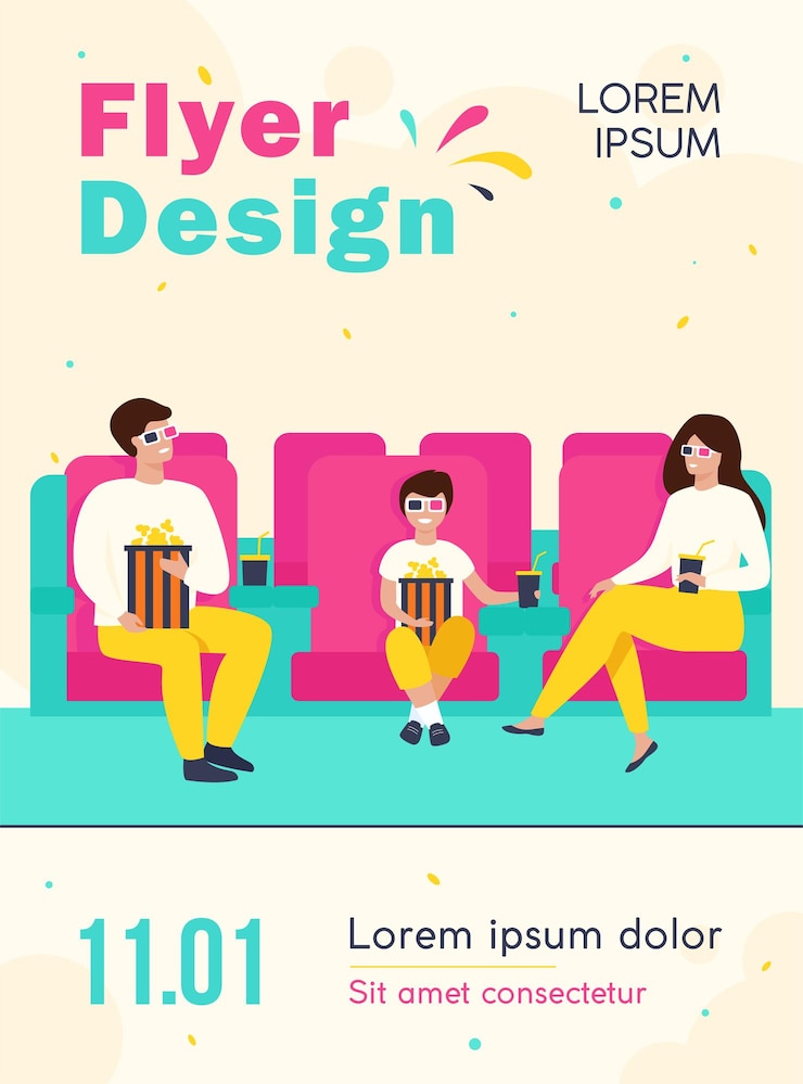 Gratis Vector vader, moeder en zoon in 3d-bril zitten in stoelen, houden popcornemmers en frisdrank en kijken naar grappige film in bioscoop theater folder sjabloon